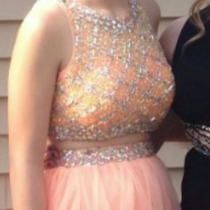 Two piece peach prom dress