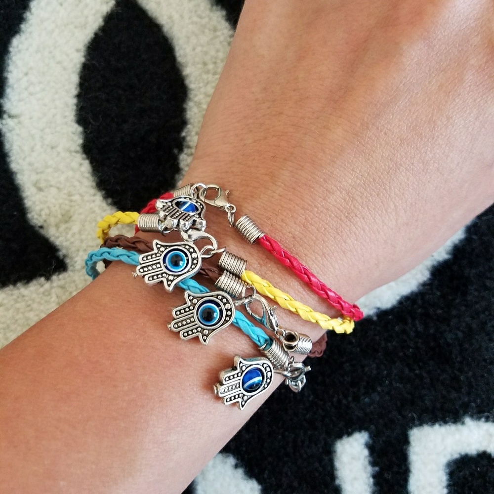 Stack of 4 Hasma Hand of Fatima Evil Eye Bracelets