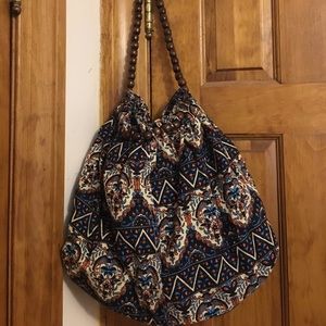 Fun print tote bag with wooden beads
