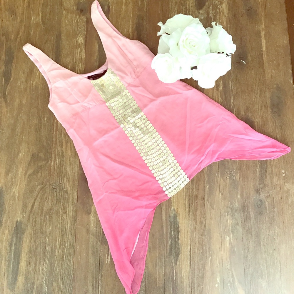 BCBG Maxazria flowy pink tank with gold beading.