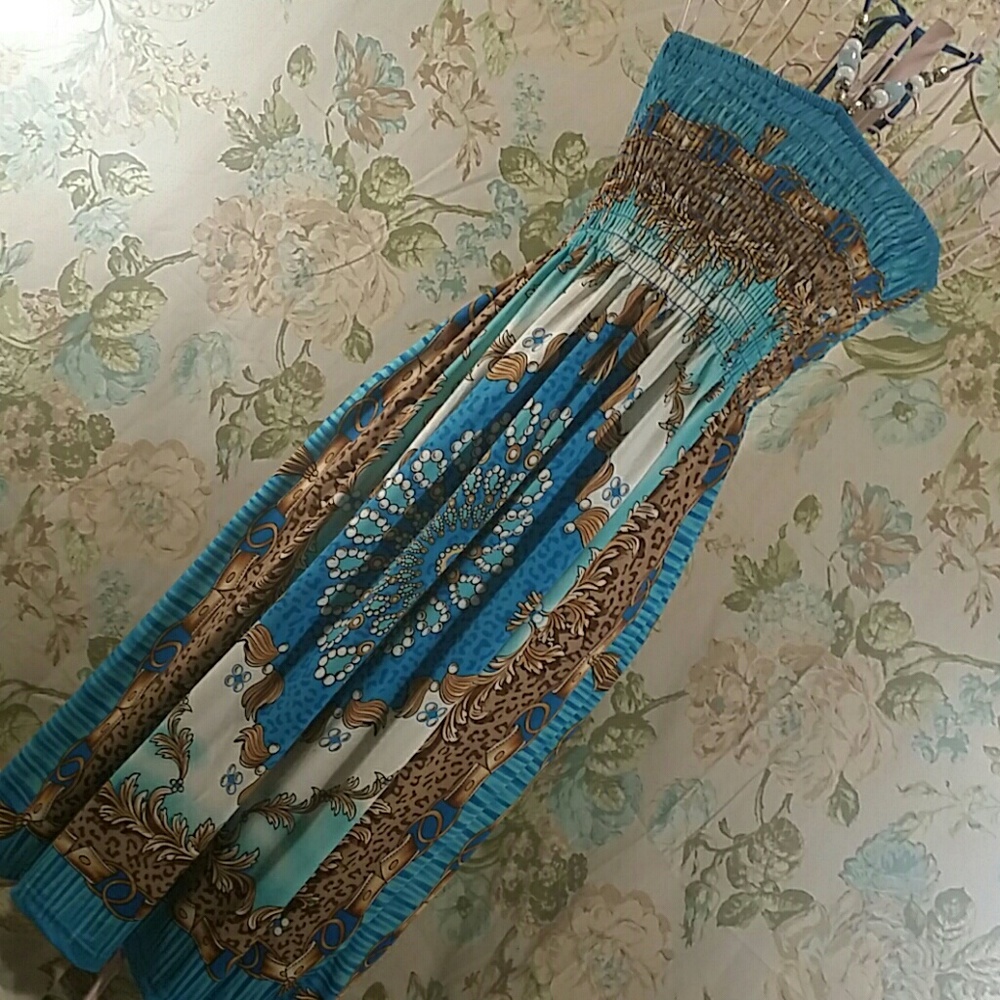 TEAL-BLUE & BROWN SUMMER DRESS