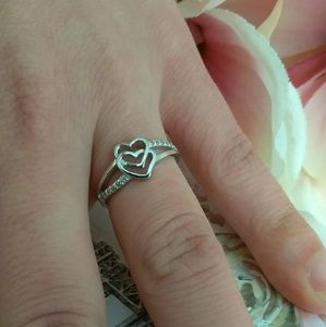 Genuine Solid Silver Double Heart Accented Ring