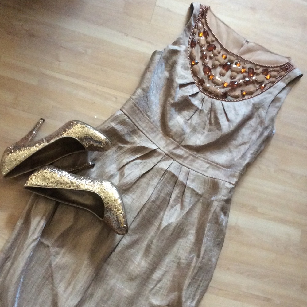 Adriana Papell Gold Beaded Neckline Cocktail Dress