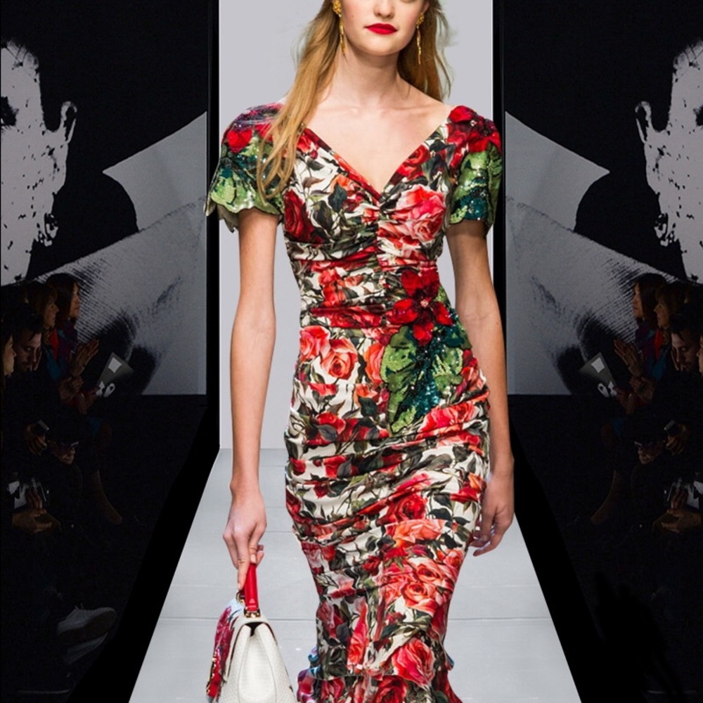 Printed Ruffles Mermaid Dress Slim Party Dress
