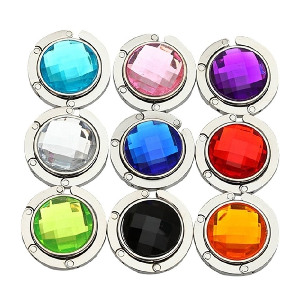 Crystal folding purse hook hanger. Silver finish.