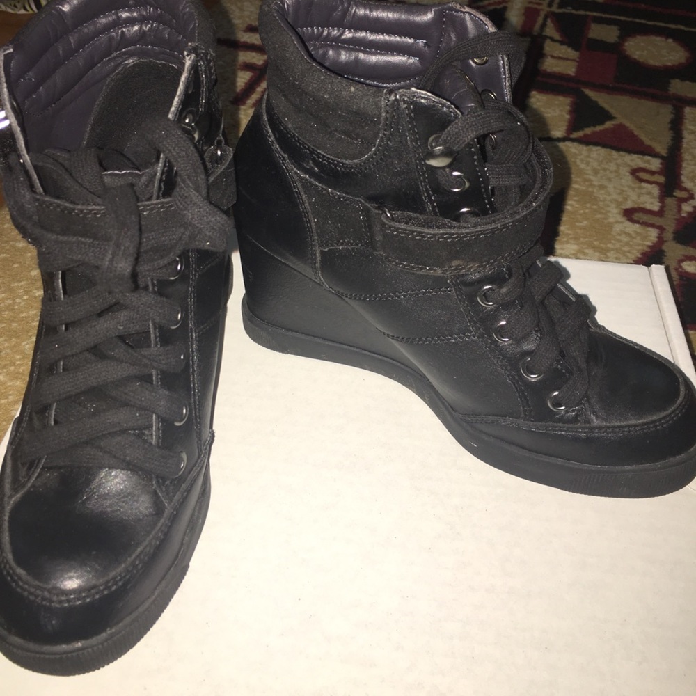 Black Leather Wedge Sneakers