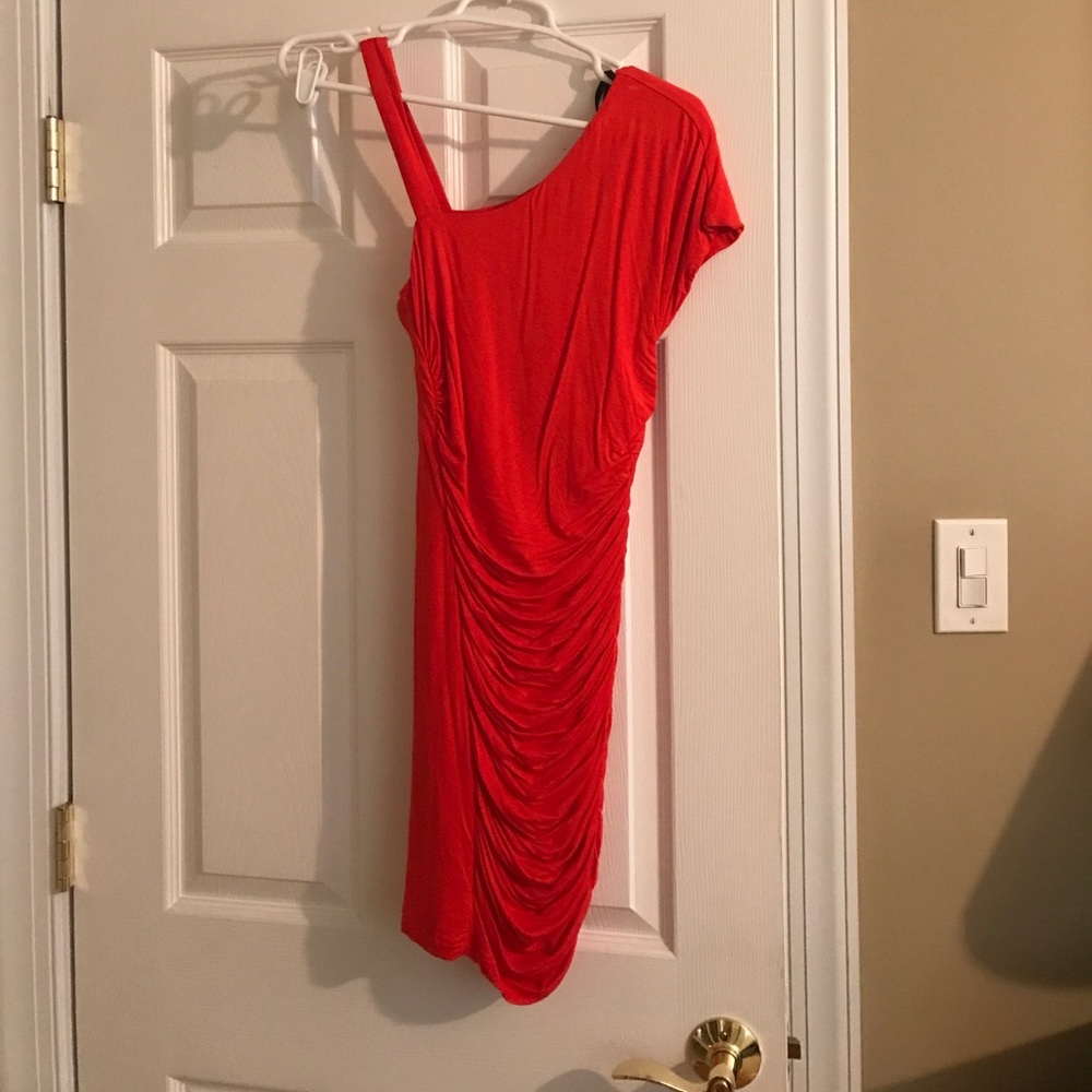 Bebe One Shoulder Bright Red Ruched Dress