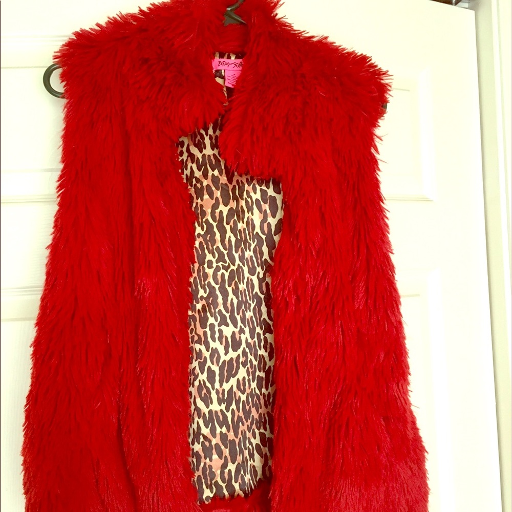 Betsey Johnson red faux fur vest Burning Man
