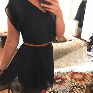 Navy Dress with Tan Belt.