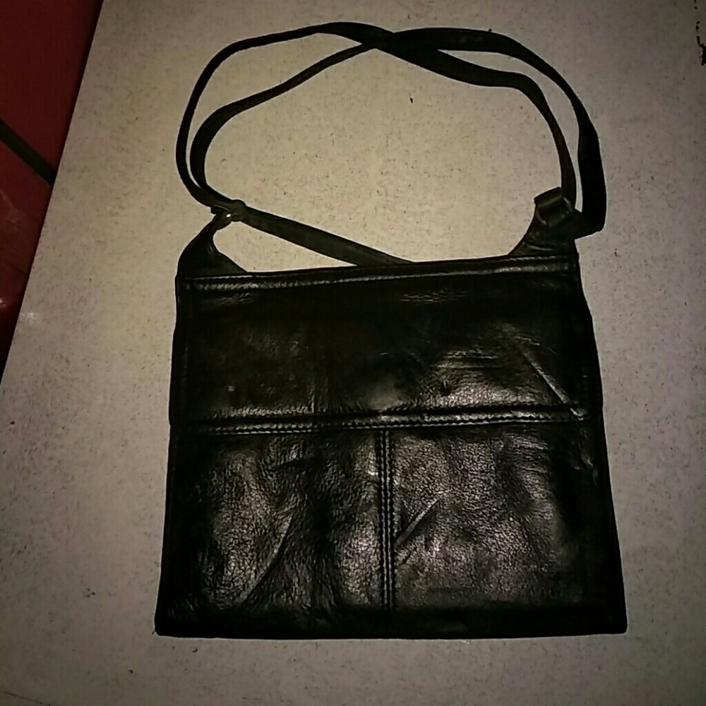 Black leather double sided compact crossbody