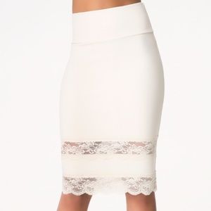 Bebe lace inset midi skirt natural