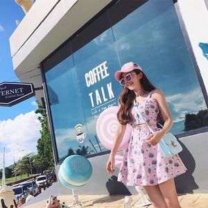 Pink floral Crop top dress set