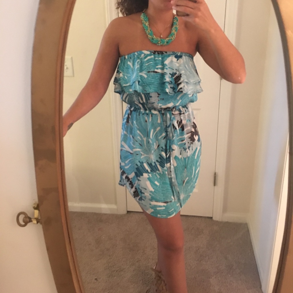 Blue satin ruffle top dress