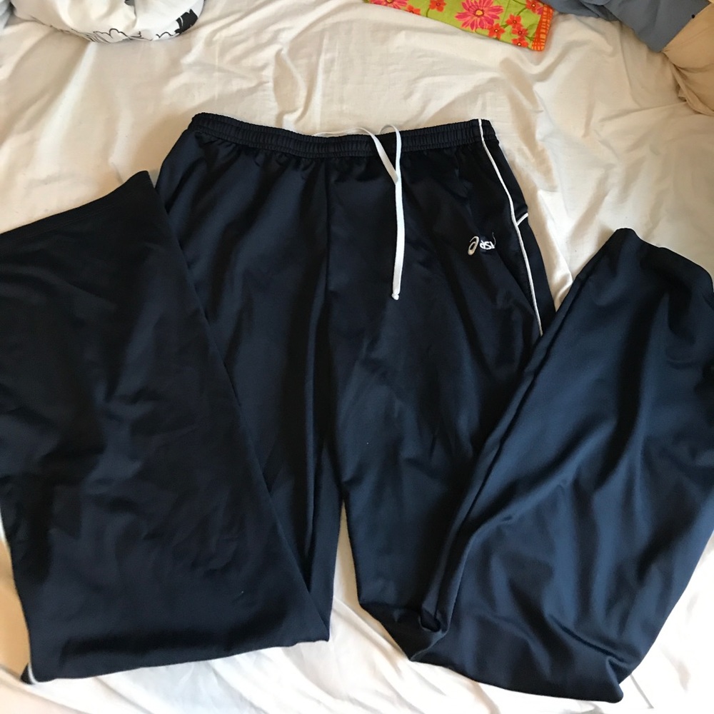 Navy blue asics sweat pants