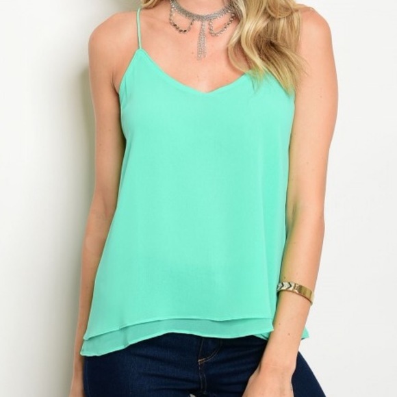 Teal Green Spaghetti Strap Tank Top Chiffon - Picture 5 of 6