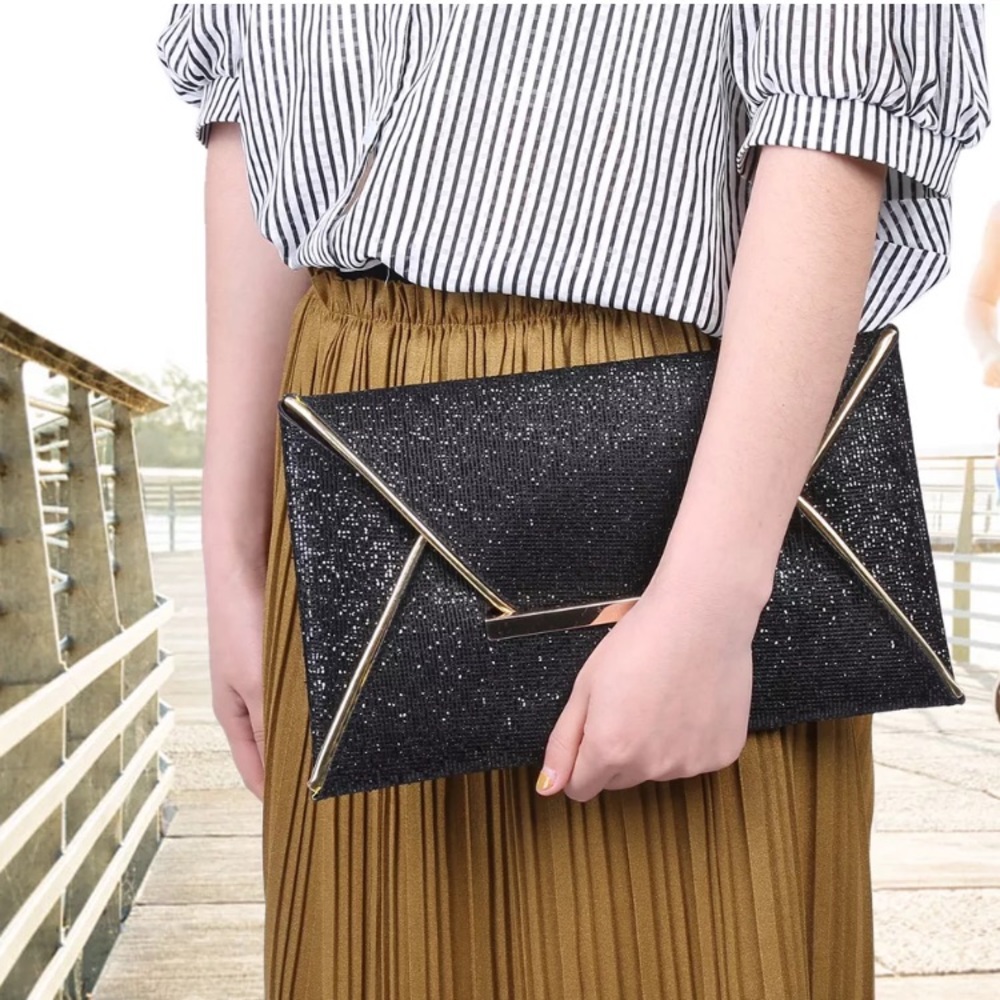 NEW Black Shimmer sequin Clutch with Gold Trim