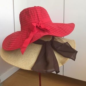 TWO wide-brimmed floppy sun hats - red straw color