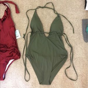 Olive green strappy women's bathing suit