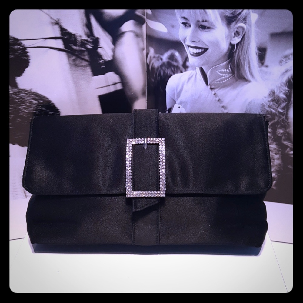 Jennifer Moore black satin & crystal clutch