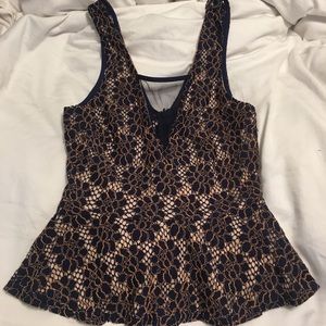 ASTR navy lace peplum top, mesh front detail