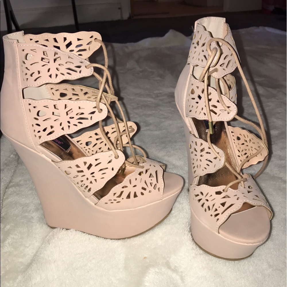 Nude wedges with lace up front- size 6.5
