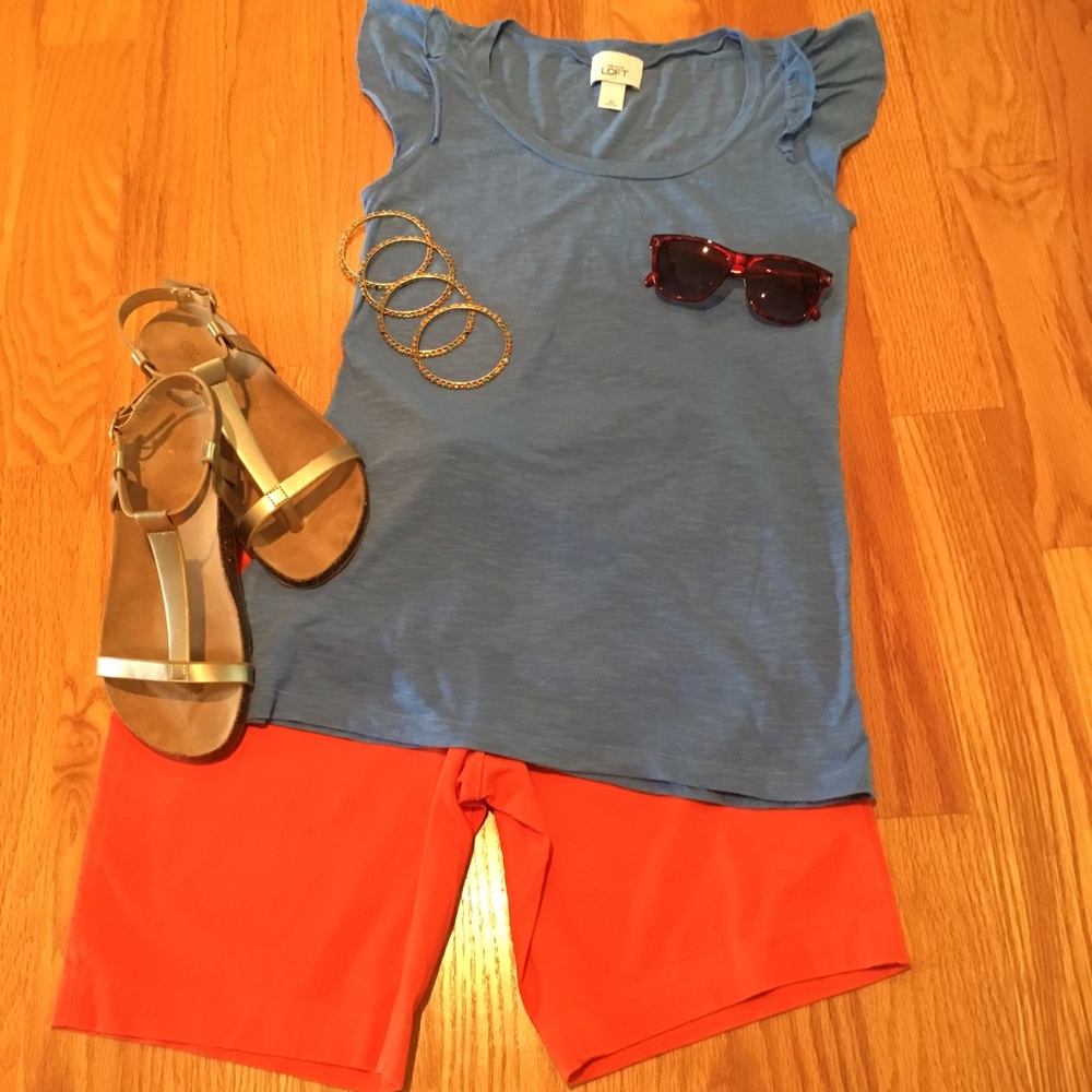 LOFT Blue Top with Ruffled Sleeves