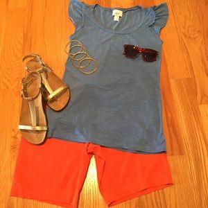 LOFT Blue Top with Ruffled Sleeves