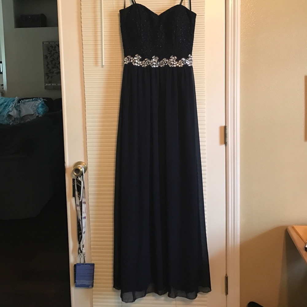 Long navy embellished prom gown