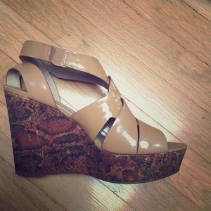 Joan & David Strappy Nude Patent Leather Wedges