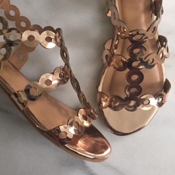 Rose Gold Strappy Grommet Gladiator Flat Sandals - Picture 2 of 4