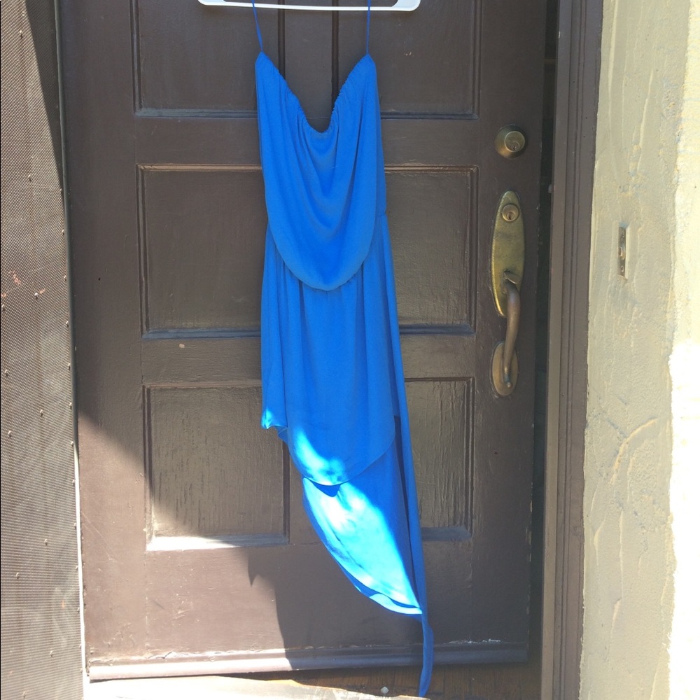 Blue strapless high low mini dress