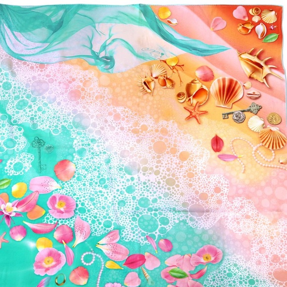 100% silk square scarf turquoise teal floral wrap "Tropical Beach" - seashells - Picture 1 of 8