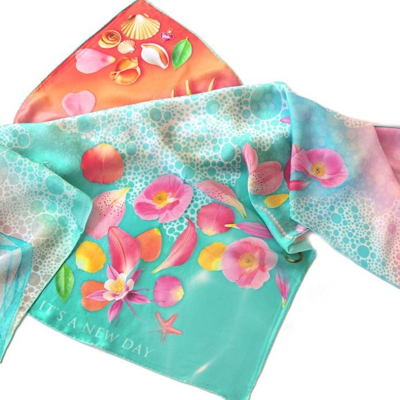 100% silk square scarf turquoise teal floral wrap "Tropical Beach" - seashells - Picture 3 of 8