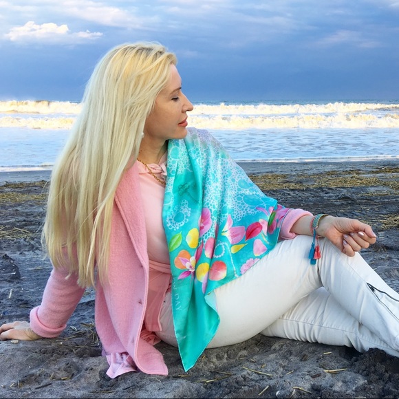 100% silk square scarf turquoise teal floral wrap "Tropical Beach" - seashells - Picture 4 of 8