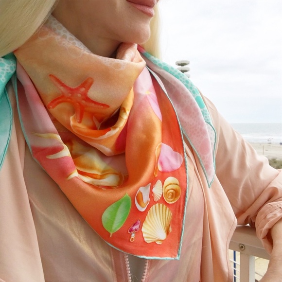 100% silk square scarf turquoise teal floral wrap "Tropical Beach" - seashells - Picture 5 of 8