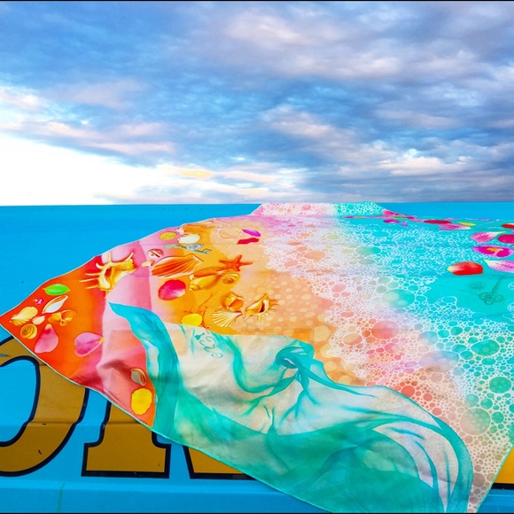 100% silk square scarf turquoise teal floral wrap "Tropical Beach" - seashells - Picture 6 of 8