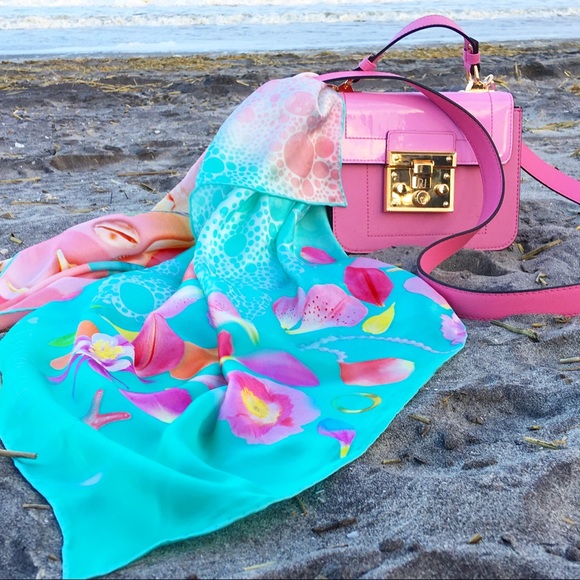 100% silk square scarf turquoise teal floral wrap "Tropical Beach" - seashells - Picture 7 of 8