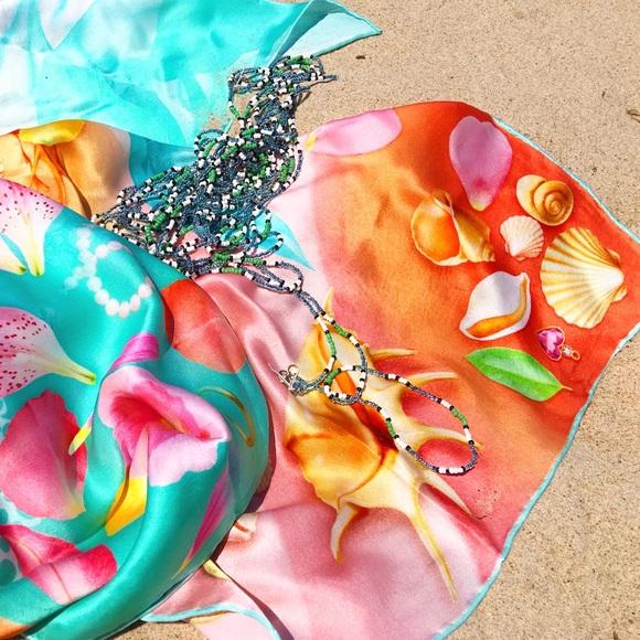 100% silk square scarf turquoise teal floral wrap "Tropical Beach" - seashells - Picture 8 of 8