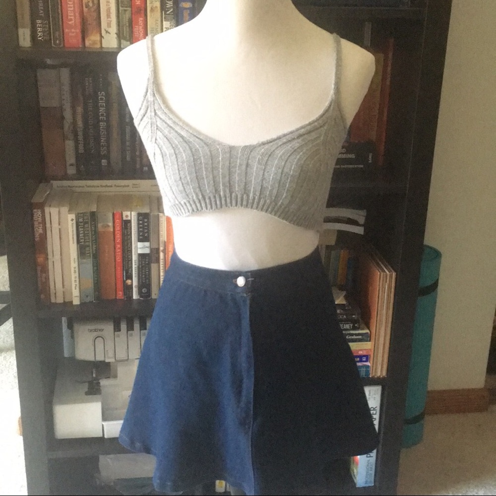 High waist skirt front zip denim and crochet top.