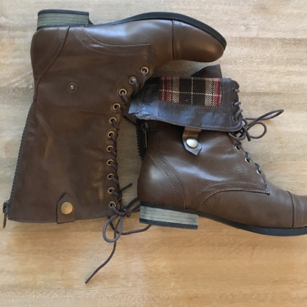 Brown faux leather boots with flannel flap