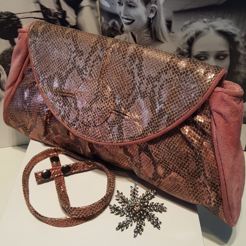 inge! pink leather couture clutch reptile detail