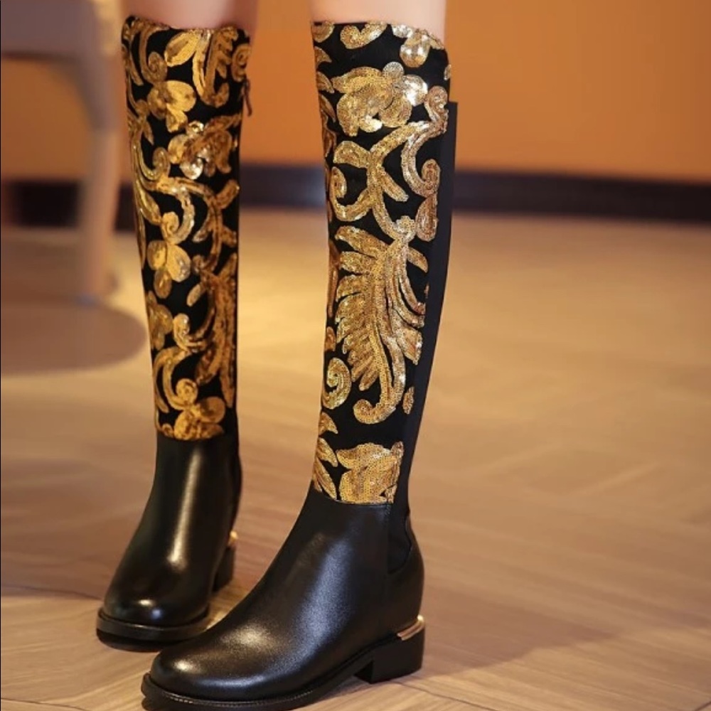 Brand new, never worn, embroidered knee high boots
