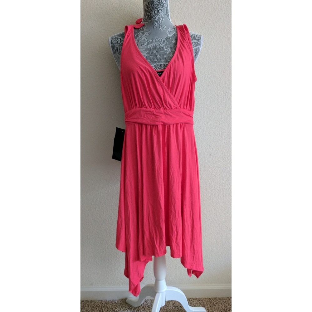 Salmon BEBE "Surplice Hanky Hem Dress," XXS (NWT)