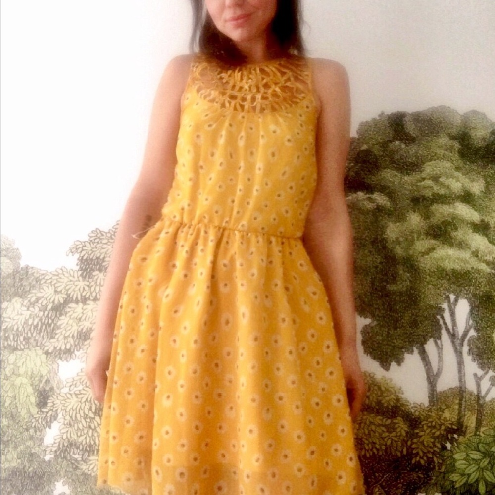 Mustard Yellow Floral Dress With Detailed Neckline