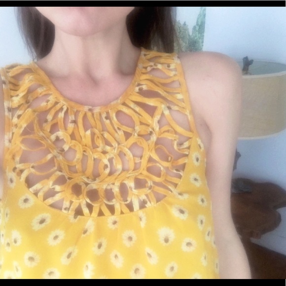 Mustard Yellow Floral Dress With Detailed Neckline - Picture 2 of 4