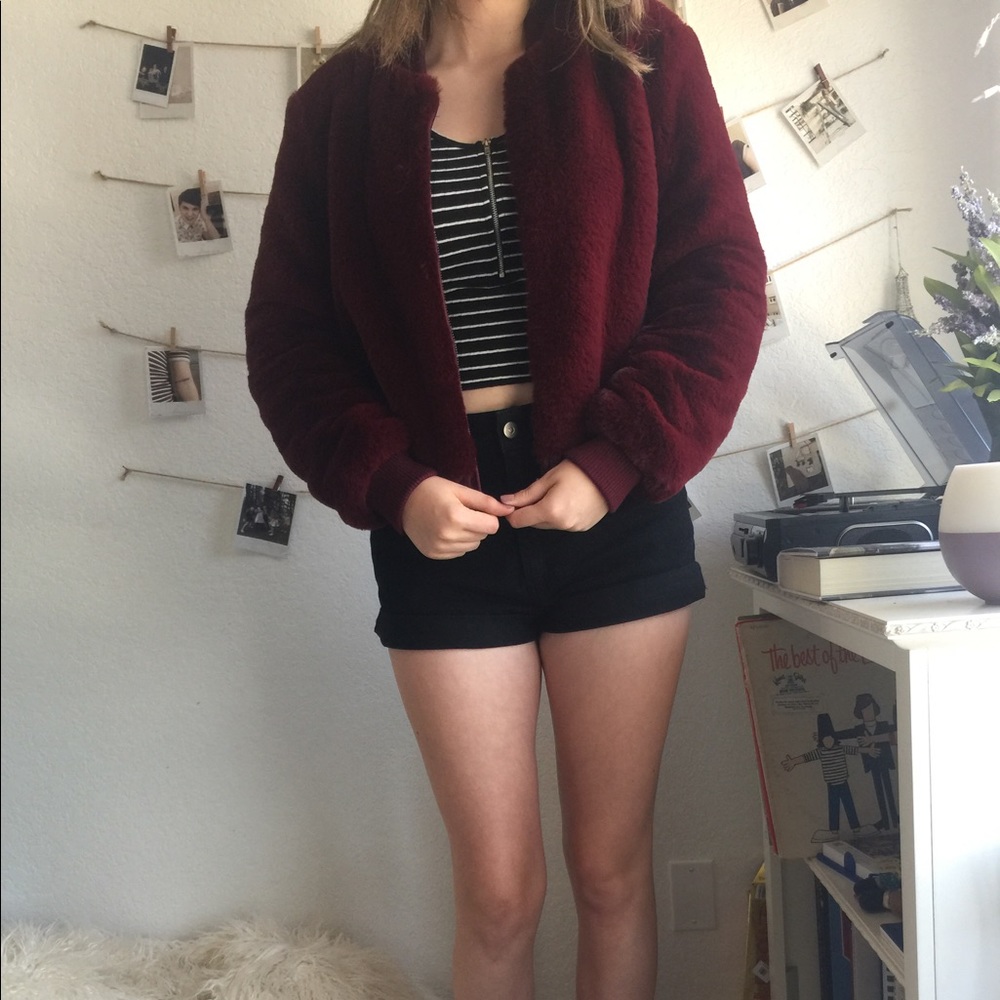 Forever 21 maroon fluffy bomber  jacket