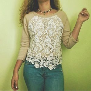 tan, cotton, lace-pattern, long sleeve top
