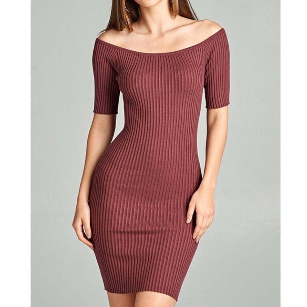Off Shoulder Ribbed Knit Bodycon Dress