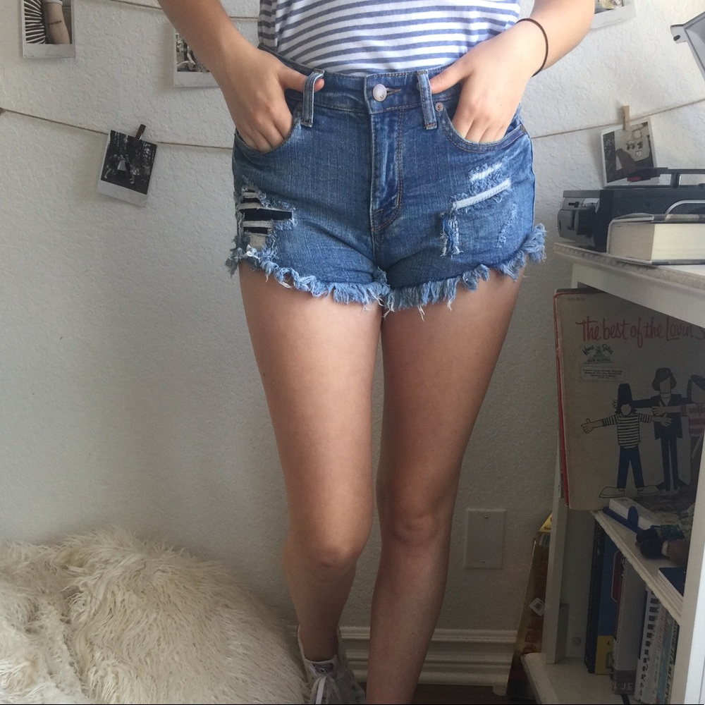 ripped&patched high-rise shorts