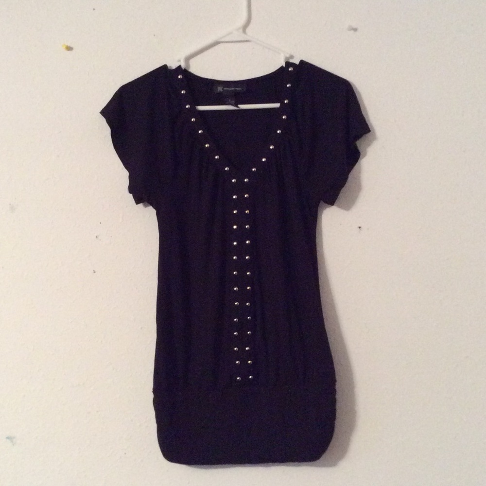 INC Black Top Shirt Blouse Silver Embellishments